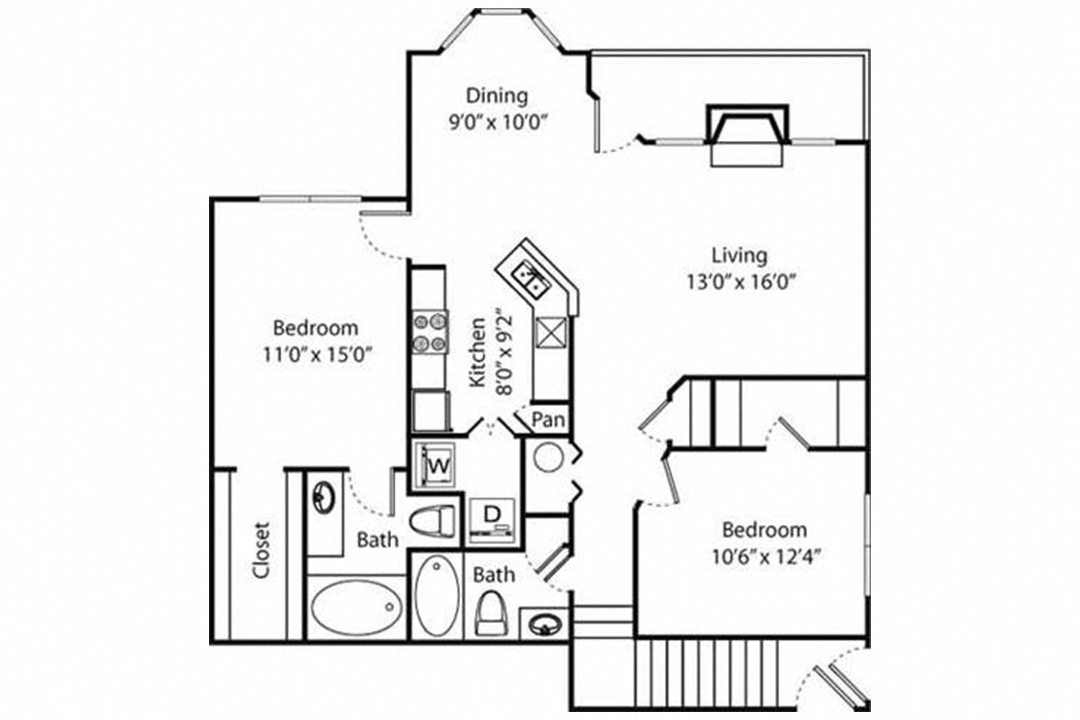 Floor plan for 2 beds, 2 baths, 1181 sqft